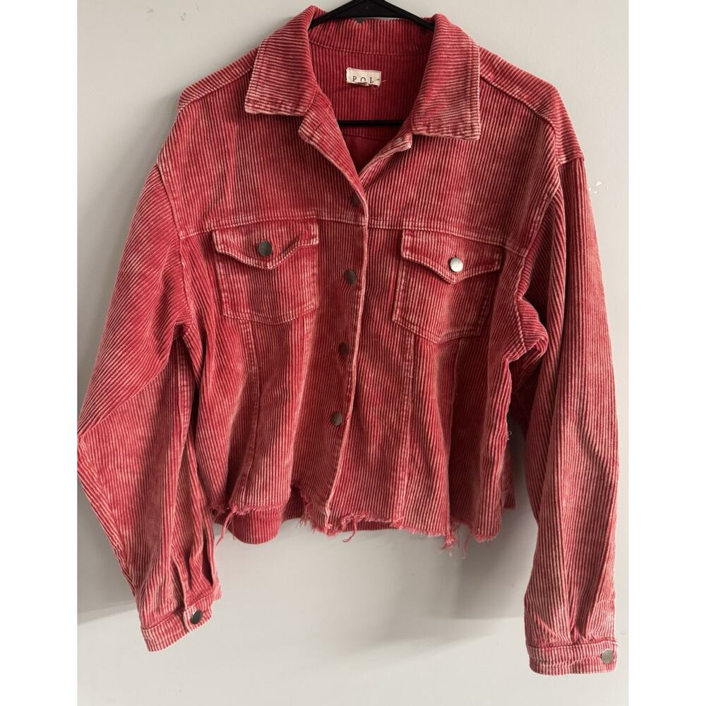 POL Cropped Corduroy Shirt Jacket Sz M Red Raw Hem